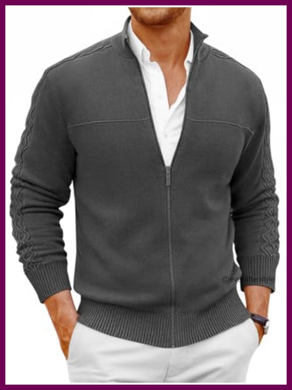 Men's Full Zip Cardigan Sweater Cable Knit Mock Neck Chunky Winter